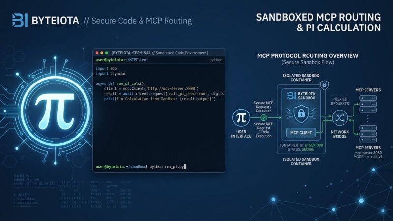 Pi coding agent 1.1 terminal interface showing MCP Codemode sandbox architecture with Pi symbol and network diagram on dark blue background