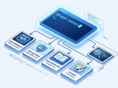Claude Code official plugin marketplace showing install commands and plugin cards in isometric style