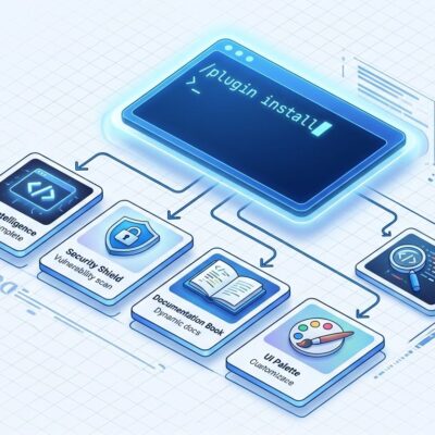 Claude Code official plugin marketplace showing install commands and plugin cards in isometric style