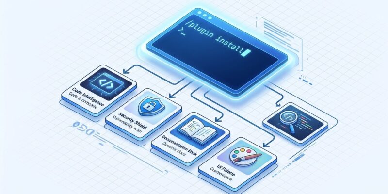Claude Code official plugin marketplace showing install commands and plugin cards in isometric style