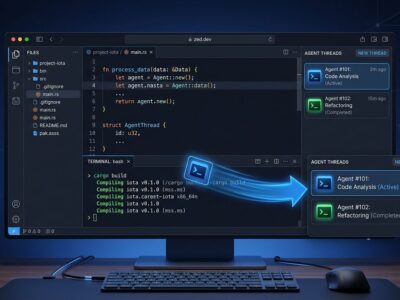 Zed editor code window with terminal tab dragging into AI Agent Panel sidebar showing terminal threads