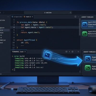 Zed editor code window with terminal tab dragging into AI Agent Panel sidebar showing terminal threads