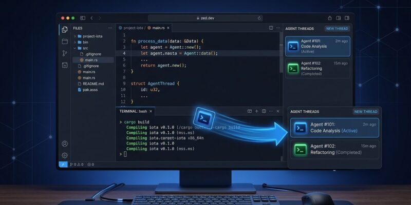 Zed editor code window with terminal tab dragging into AI Agent Panel sidebar showing terminal threads