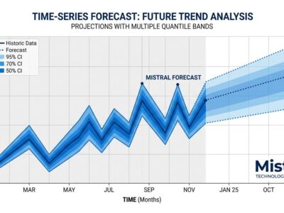 Data visualization of time-series waveform with quantile bands, representing Mistral Timestral forecasting model