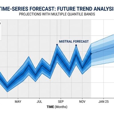 Data visualization of time-series waveform with quantile bands, representing Mistral Timestral forecasting model