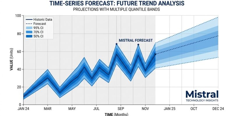 Data visualization of time-series waveform with quantile bands, representing Mistral Timestral forecasting model