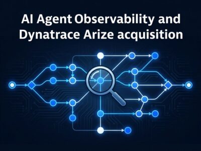 AI agent execution trace visualization showing connected nodes, tool calls, and decision points — representing AI observability with Arize Phoenix and Dynatrace
