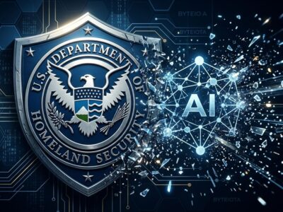 DHS government shield with AI neural network elements dissolving, representing the DeepSeek federal ban