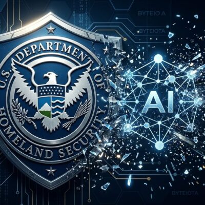 DHS government shield with AI neural network elements dissolving, representing the DeepSeek federal ban