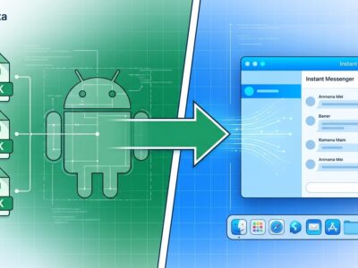 Split-screen showing Android APK files on the left transforming into a native macOS application window on the right via Mac.apk