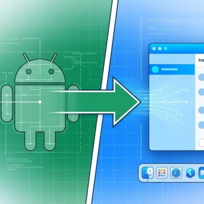 Split-screen showing Android APK files on the left transforming into a native macOS application window on the right via Mac.apk