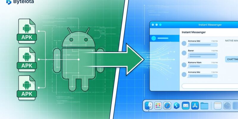 Split-screen showing Android APK files on the left transforming into a native macOS application window on the right via Mac.apk