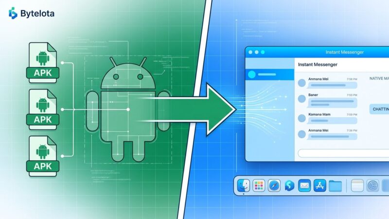 Split-screen showing Android APK files on the left transforming into a native macOS application window on the right via Mac.apk