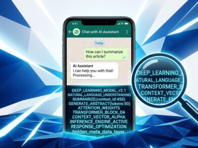 Smartphone with hidden glowing AI instructions visible beneath the surface, representing WhatsApp hidden LLM prompt injection