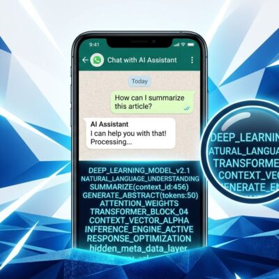 Smartphone with hidden glowing AI instructions visible beneath the surface, representing WhatsApp hidden LLM prompt injection
