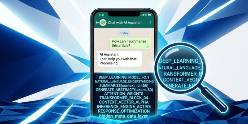 Smartphone with hidden glowing AI instructions visible beneath the surface, representing WhatsApp hidden LLM prompt injection