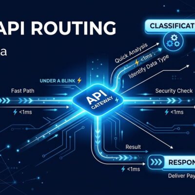 Abstract visualization of OpenAI Decisions API routing agent requests to classified endpoints at sub-150ms latency