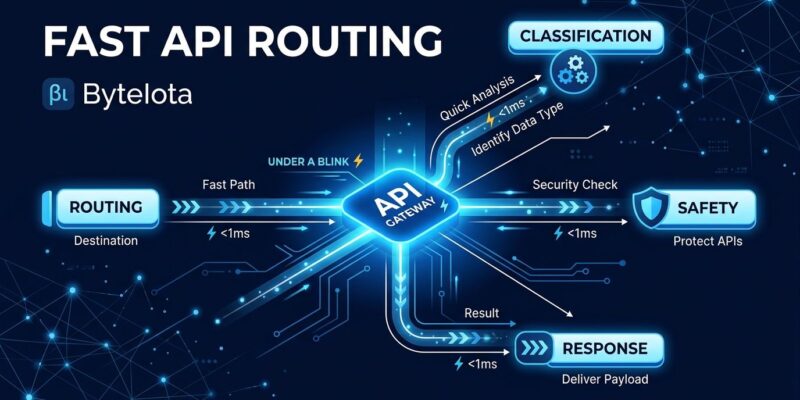 Abstract visualization of OpenAI Decisions API routing agent requests to classified endpoints at sub-150ms latency