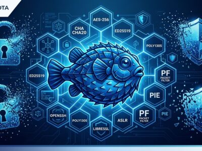 OpenBSD 8.0 blowfish mascot with post-quantum cryptography lattice structures