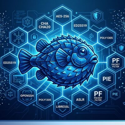 OpenBSD 8.0 blowfish mascot with post-quantum cryptography lattice structures