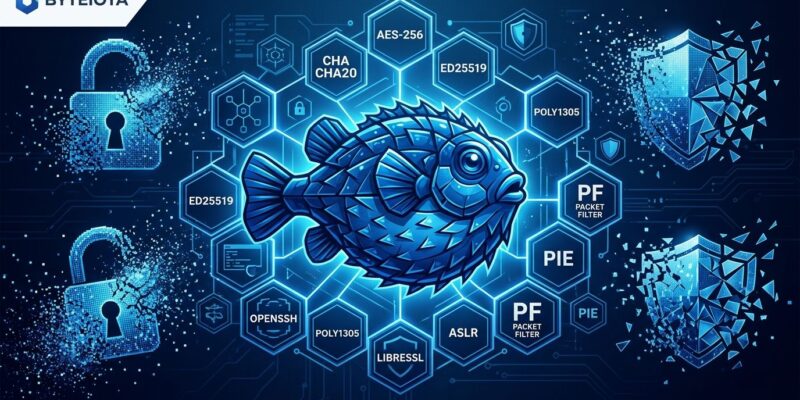 OpenBSD 8.0 blowfish mascot with post-quantum cryptography lattice structures