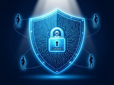Blue security shield with circuit patterns representing Microsoft Guardian Agents enterprise AI monitoring system
