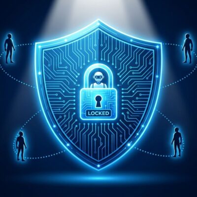 Blue security shield with circuit patterns representing Microsoft Guardian Agents enterprise AI monitoring system