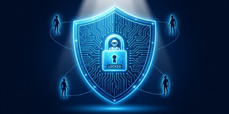 Blue security shield with circuit patterns representing Microsoft Guardian Agents enterprise AI monitoring system