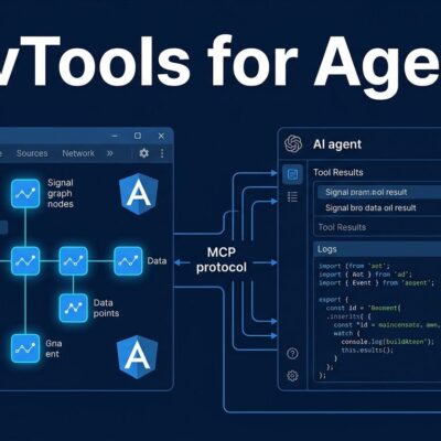 Chrome DevTools for Agents showing third-party tools API with Angular Signal Graph and MCP protocol connections