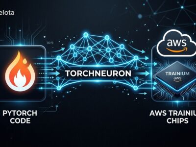 TorchNeuron connecting PyTorch flame logo to AWS Trainium AI chips via glowing neural network pathway
