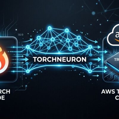 TorchNeuron connecting PyTorch flame logo to AWS Trainium AI chips via glowing neural network pathway