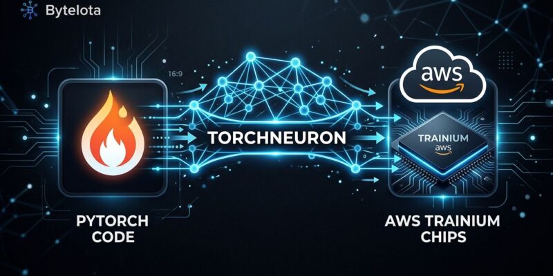 TorchNeuron connecting PyTorch flame logo to AWS Trainium AI chips via glowing neural network pathway