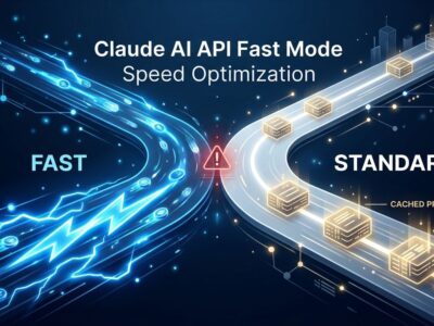 Abstract illustration of fast mode vs standard speed data streams in Claude API, showing separate prompt cache paths with a cache-miss warning indicator