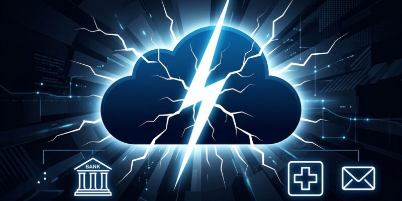 Cracked cloud icon representing the Google Cloud europe-west2 outage that froze UK banks and NHS services