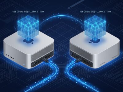 Two Mac Studio computers connected via Thunderbolt 5 cables running Meta Muse Spark Open 816B model via Apple MLX distributed inference