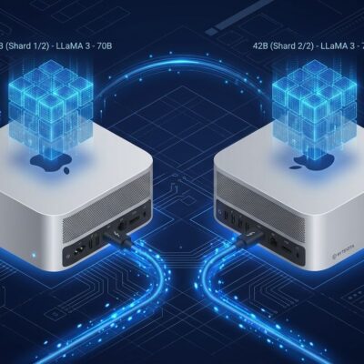 Two Mac Studio computers connected via Thunderbolt 5 cables running Meta Muse Spark Open 816B model via Apple MLX distributed inference