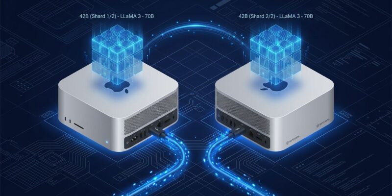 Two Mac Studio computers connected via Thunderbolt 5 cables running Meta Muse Spark Open 816B model via Apple MLX distributed inference