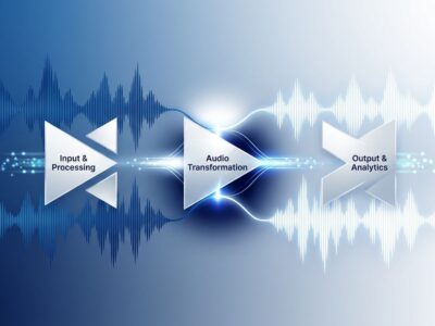 Abstract blue and white waveform visualization representing Mistral Voxtral 3 modular voice agent pipeline