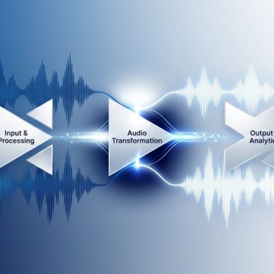 Abstract blue and white waveform visualization representing Mistral Voxtral 3 modular voice agent pipeline