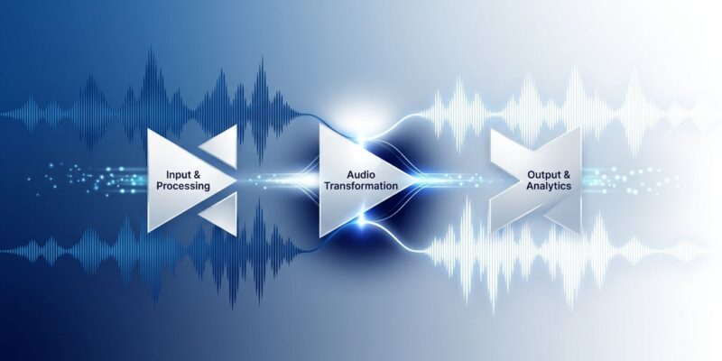 Abstract blue and white waveform visualization representing Mistral Voxtral 3 modular voice agent pipeline