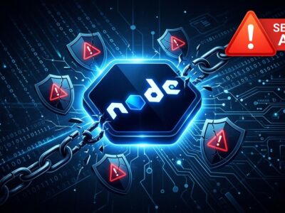 Node.js security vulnerability alert showing three HIGH severity CVEs affecting 22.x 24.x and 26.x release lines