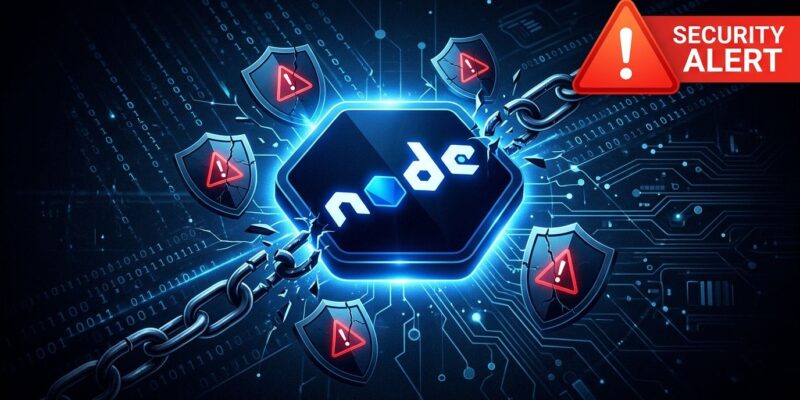 Node.js security vulnerability alert showing three HIGH severity CVEs affecting 22.x 24.x and 26.x release lines