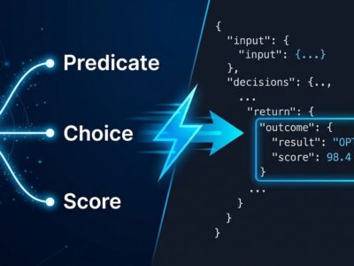 OpenAI Decisions API diagram showing predicate, choice, and score decision types with branching logic