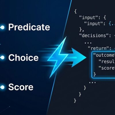 OpenAI Decisions API diagram showing predicate, choice, and score decision types with branching logic