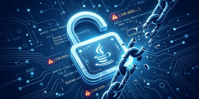 Digital security concept showing a broken chain and Java lock icon representing Lightwell Clearinghouse fixing 400 unknown Java vulnerabilities
