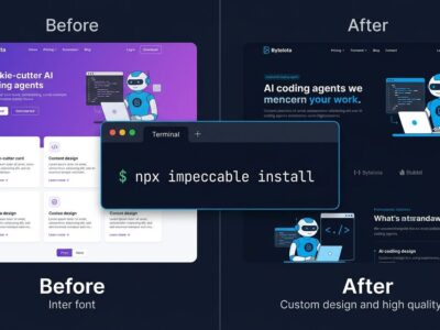 Split comparison showing generic AI-generated UI on the left versus polished Impeccable-optimized frontend on the right with npx impeccable install terminal command