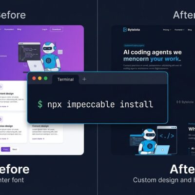 Split comparison showing generic AI-generated UI on the left versus polished Impeccable-optimized frontend on the right with npx impeccable install terminal command