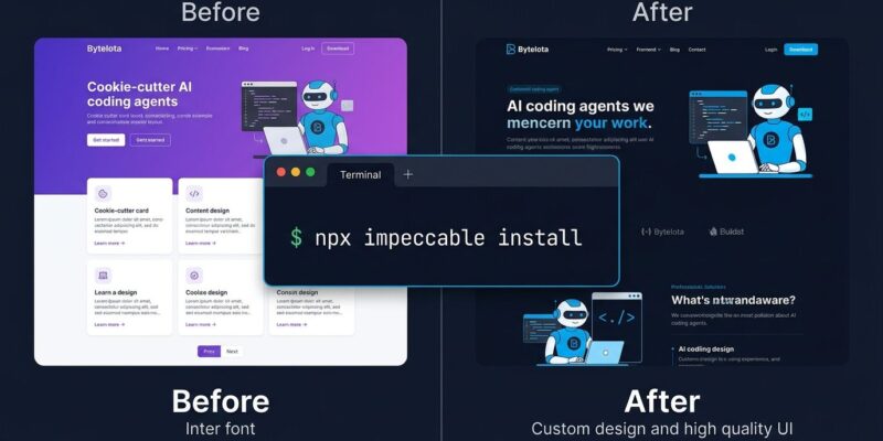 Split comparison showing generic AI-generated UI on the left versus polished Impeccable-optimized frontend on the right with npx impeccable install terminal command