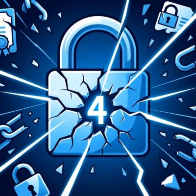 Cracked padlock revealing the number 4 inside, representing the eMudhra CA private key compromise where keys had near-zero entropy