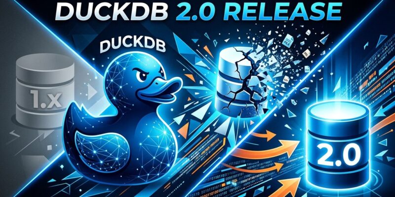 DuckDB 2.0 LTS release illustration showing database migration with duck mascot and storage format change